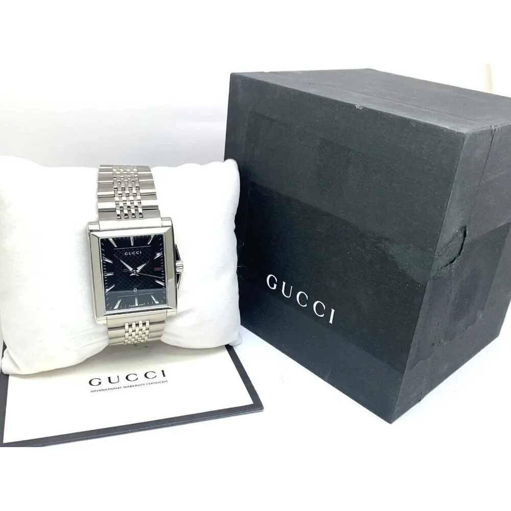 Gucci Men's Watch YA138401 G-Timeless Swiss Quartz Black Dial Silver Steel Tank